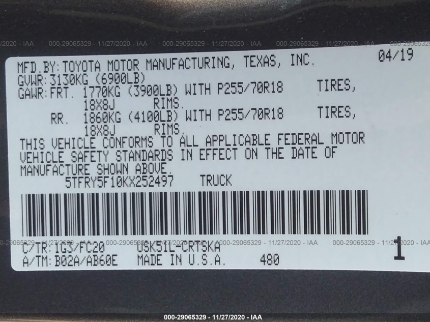 TOYOTA TUNDRA 2WD 5TFRY5F10KX252497