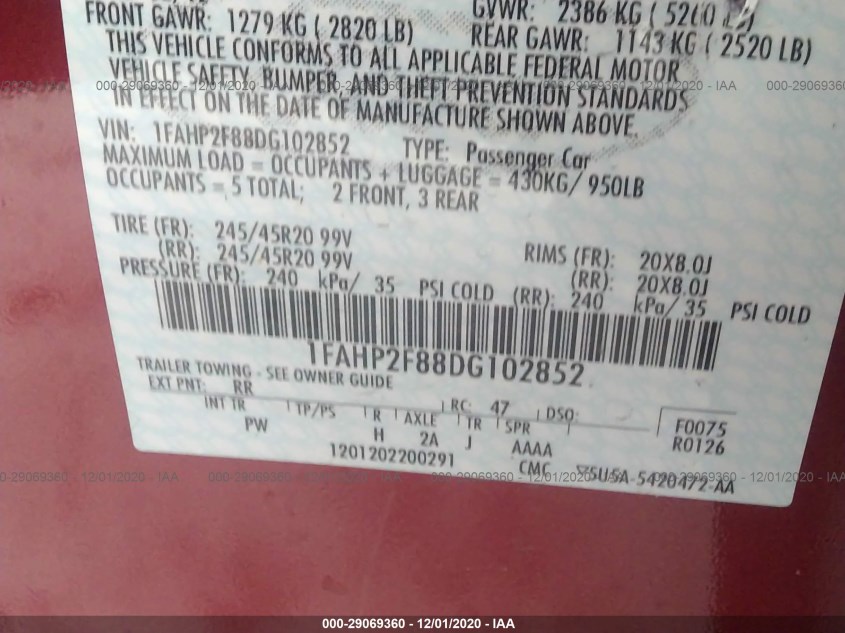 FORD TAURUS 1FAHP2F88DG102852