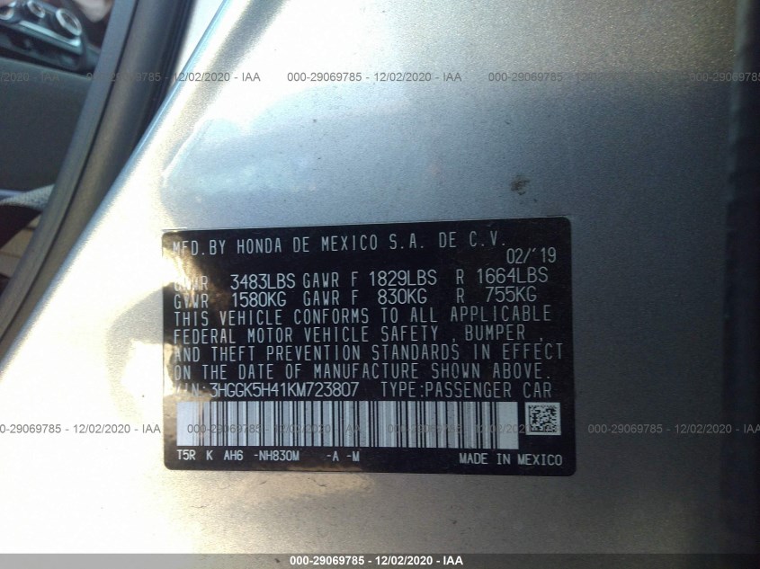 HONDA FIT 3HGGK5H41KM723807