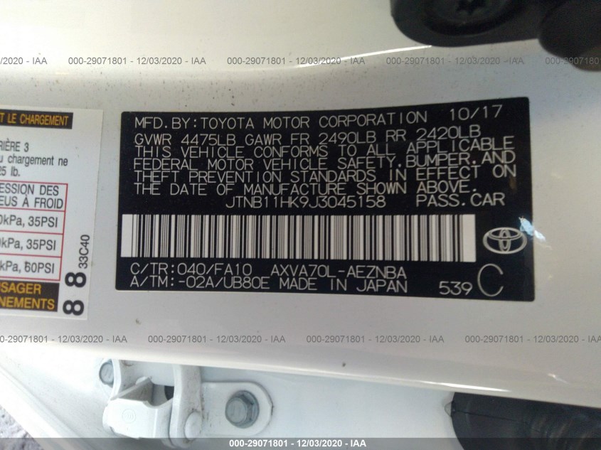 TOYOTA CAMRY JTNB11HK9J3045158