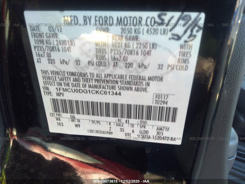 FORD ESCAPE 1FMCU0DG1CKC61344