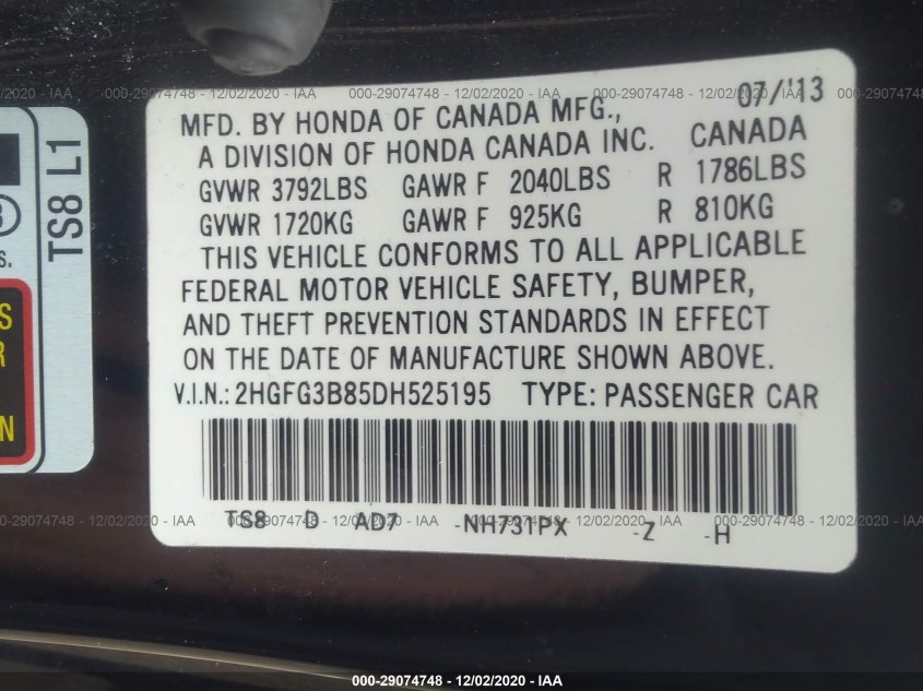 HONDA CIVIC CPE 2HGFG3B85DH525195