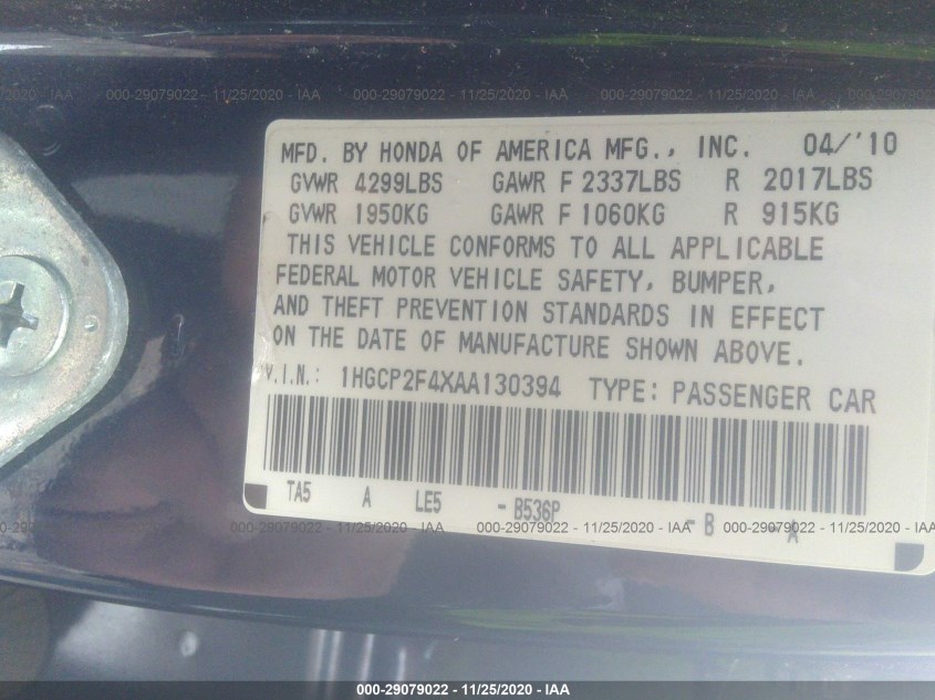 HONDA ACCORD SDN 1HGCP2F4XAA130394