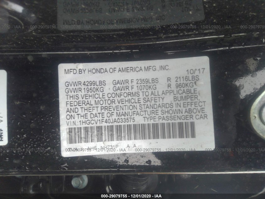 HONDA ACCORD SEDAN 1HGCV1F40JA033575