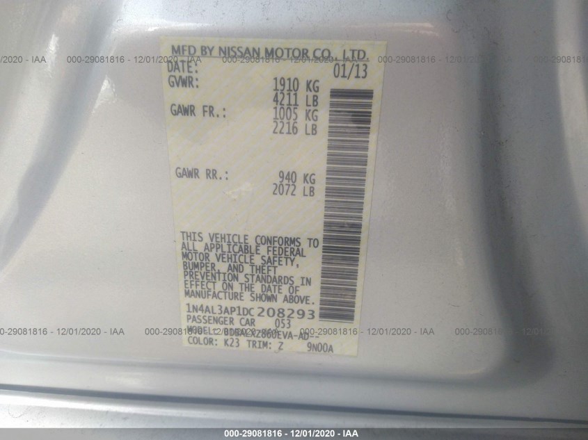 NISSAN ALTIMA 1N4AL3AP1DC208293