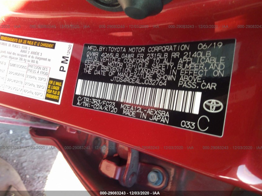 TOYOTA COROLLA JTDS4RCE4LJ032764