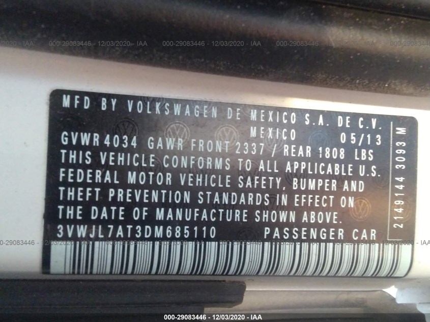 VOLKSWAGEN BEETLE 3VWJL7AT3DM685110
