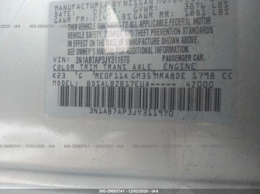 NISSAN SENTRA 3N1AB7AP3JY311970