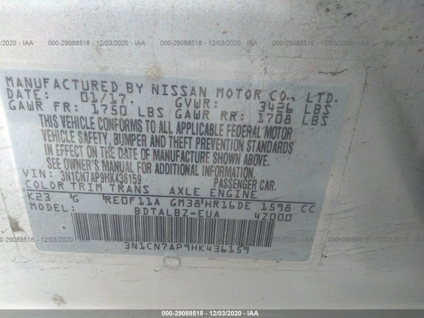 NISSAN VERSA SEDAN 3N1CN7AP9HK436159