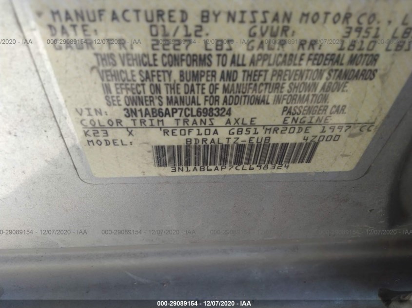 NISSAN SENTRA 3N1AB6AP7CL698324