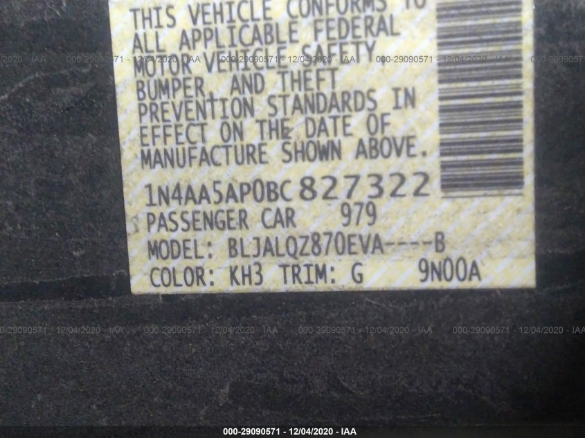NISSAN MAXIMA 1N4AA5AP0BC827322
