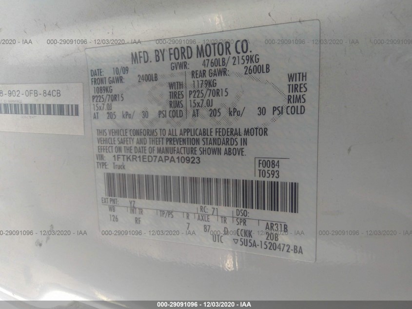 FORD RANGER 1FTKR1ED7APA10923