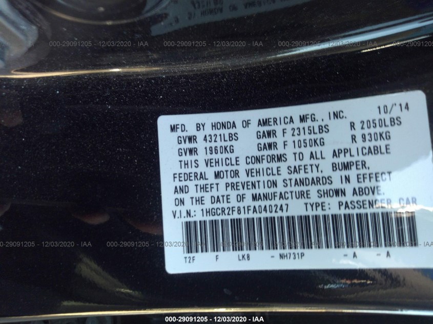 HONDA ACCORD SEDAN 1HGCR2F81FA040247