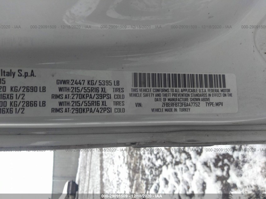 RAM PROMASTER CITY CARGO VAN ZFBERFBT3F6A47752
