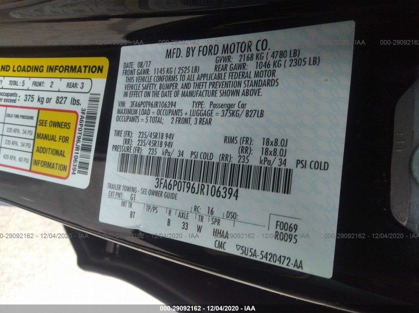 FORD FUSION 3FA6P0T96JR106394