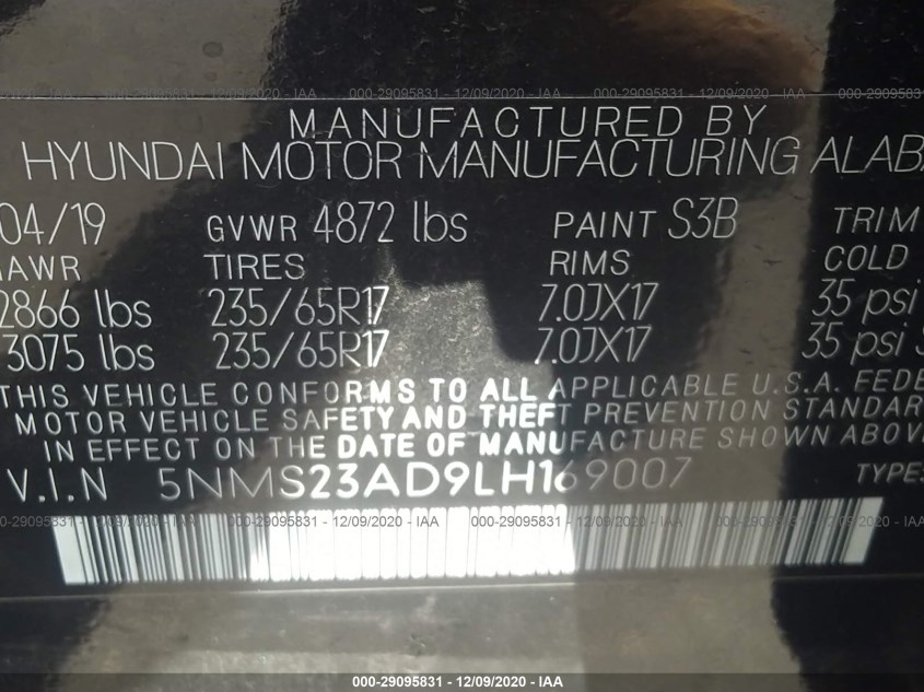 HYUNDAI SANTA FE 5NMS23AD9LH169007