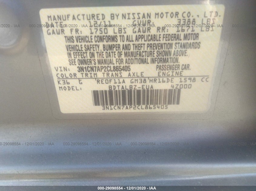 NISSAN VERSA 3N1CN7AP2CL865405