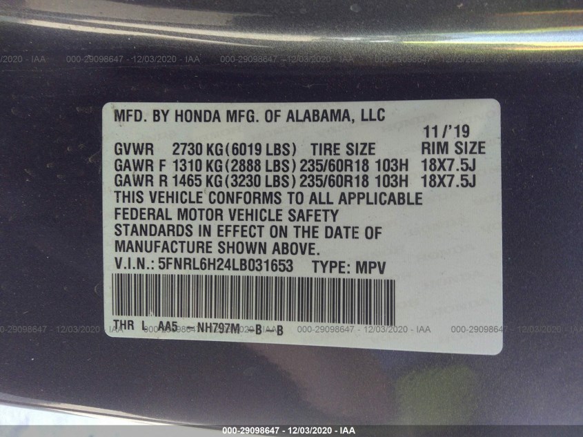 HONDA ODYSSEY 5FNRL6H24LB031653