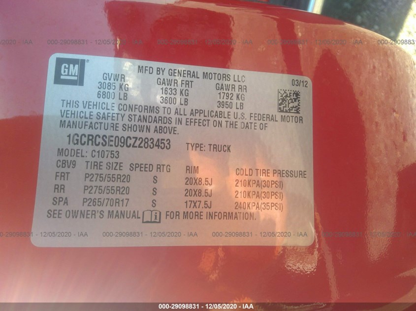 CHEVROLET SILVERADO 1500 1GCRCSE09CZ283453