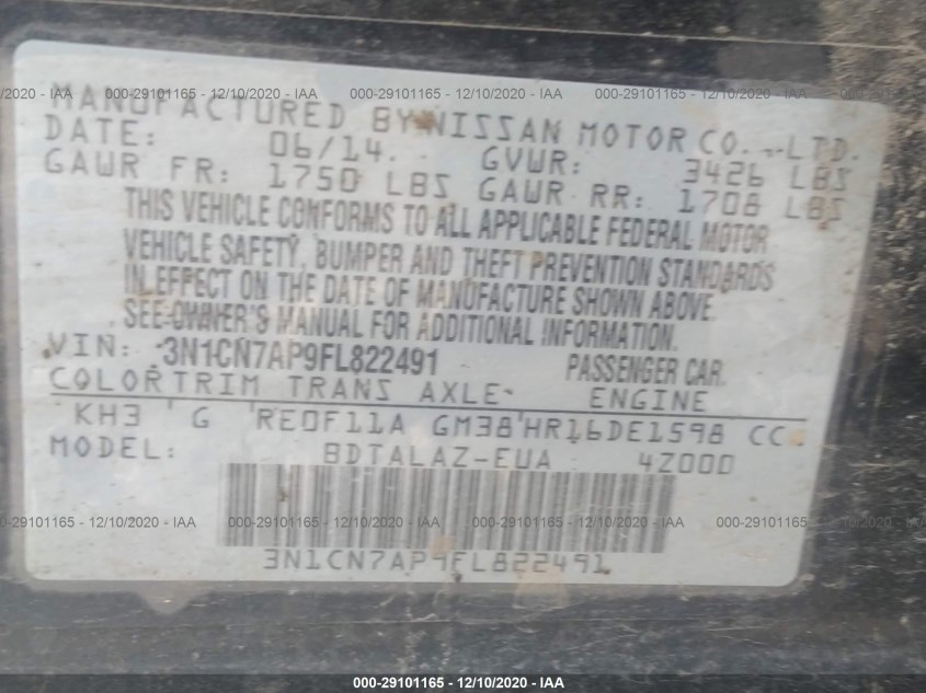 NISSAN VERSA 3N1CN7AP9FL822491