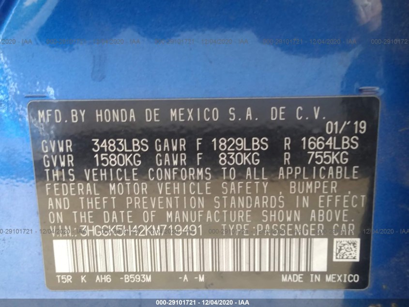 HONDA FIT 3HGGK5H42KM719491