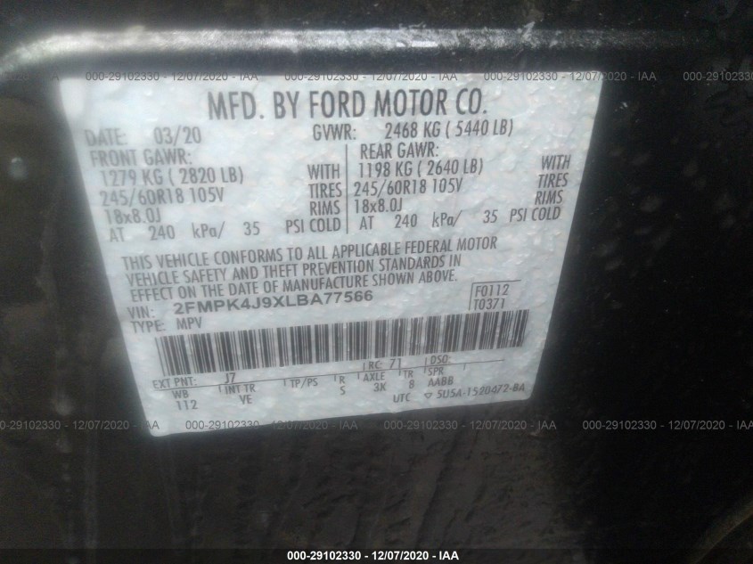 FORD EDGE 2FMPK4J9XLBA77566