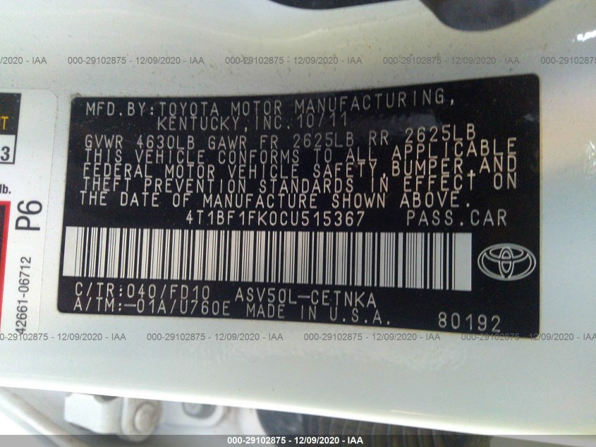 TOYOTA CAMRY 4T1BF1FK0CU515367