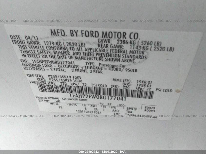 FORD TAURUS 1FAHP2FW0BG177041