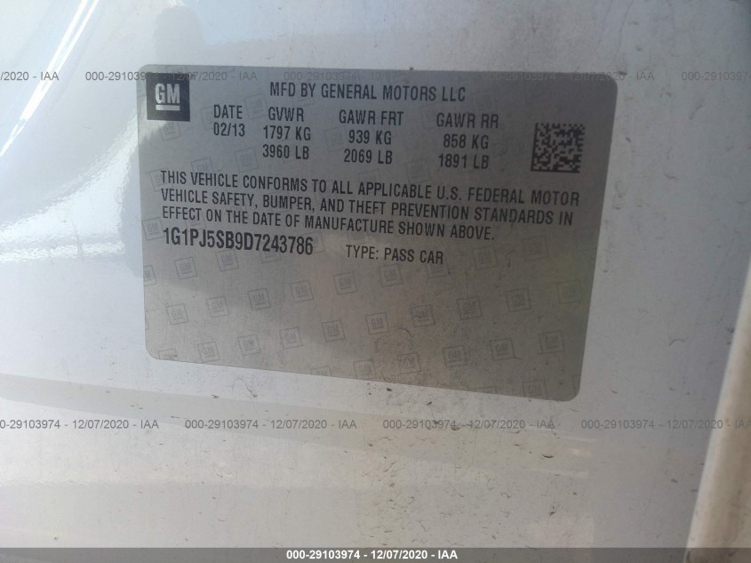 CHEVROLET CRUZE 1G1PJ5SB9D7243786