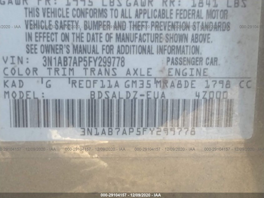 NISSAN SENTRA 3N1AB7AP5FY299778