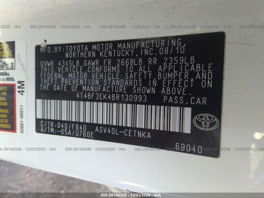 TOYOTA CAMRY 4T4BF3EK4BR130993