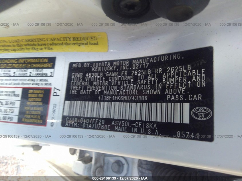 TOYOTA CAMRY 4T1BF1FK6HU743106