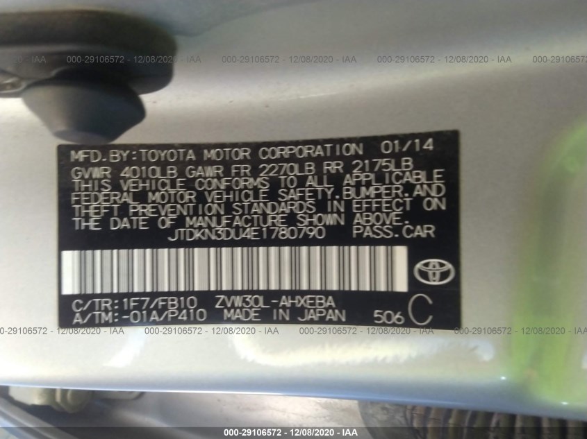 TOYOTA PRIUS JTDKN3DU4E1780790