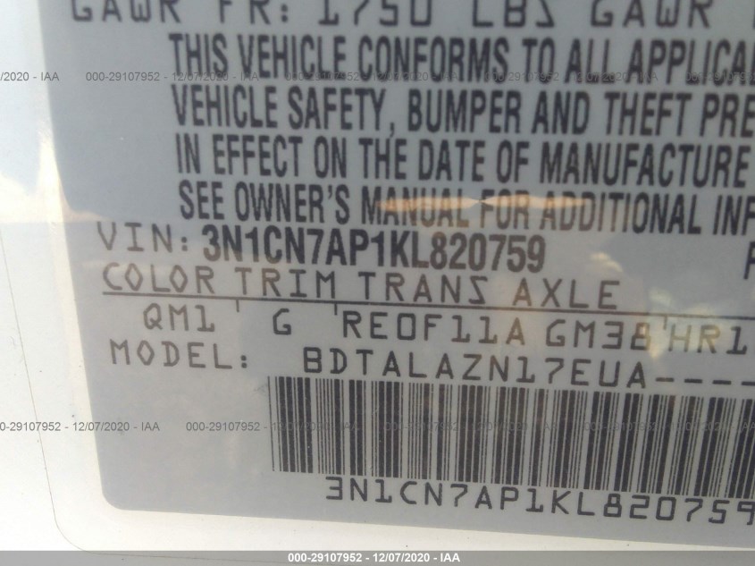 NISSAN VERSA SEDAN 3N1CN7AP1KL820759