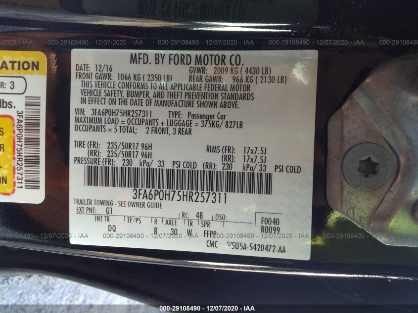 FORD FUSION 3FA6P0H75HR257311