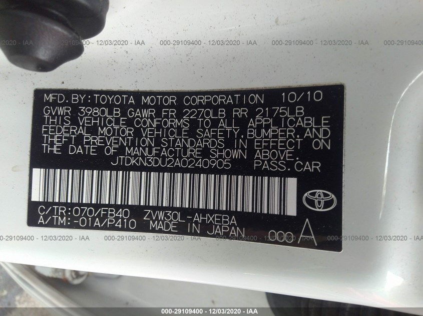 TOYOTA PRIUS JTDKN3DU2A0240905
