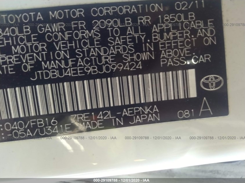 TOYOTA COROLLA JTDBU4EE9BJ099424
