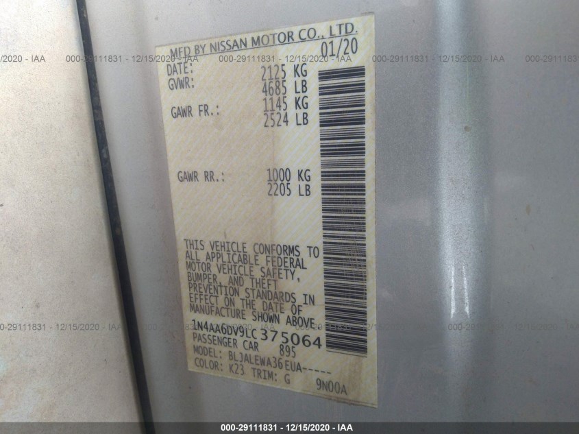 NISSAN MAXIMA 1N4AA6DV9LC375064