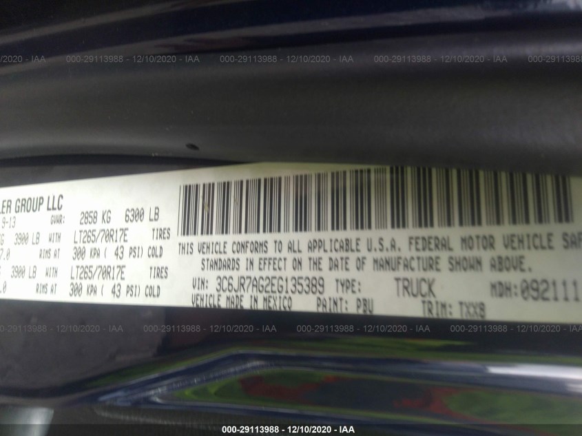 RAM 1500 3C6JR7AG2EG135389