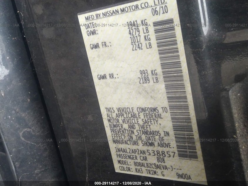 NISSAN ALTIMA 1N4AL2AP2AN538857