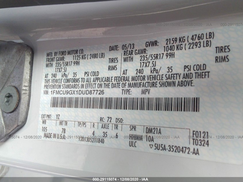 FORD ESCAPE 1FMCU9GX1DUD87726