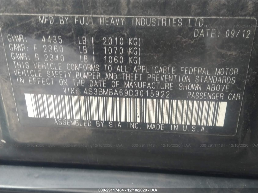 SUBARU LEGACY 4S3BMBA69D3015922
