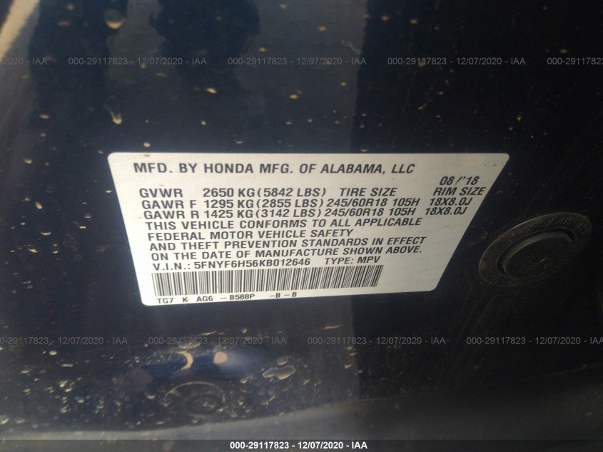HONDA PILOT 5FNYF6H56KB012646