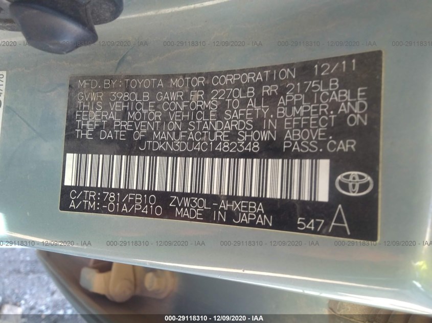 TOYOTA PRIUS JTDKN3DU4C1482348