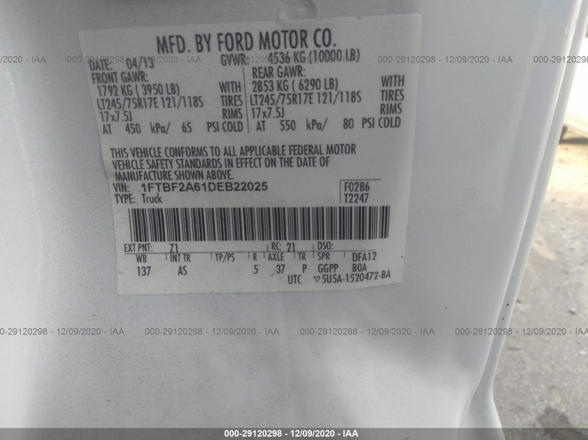 FORD SUPER DUTY F-250 SRW 1FTBF2A61DEB22025