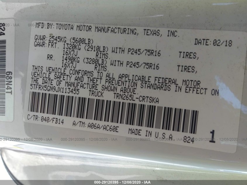 TOYOTA TACOMA 5TFRX5GN9JX113455