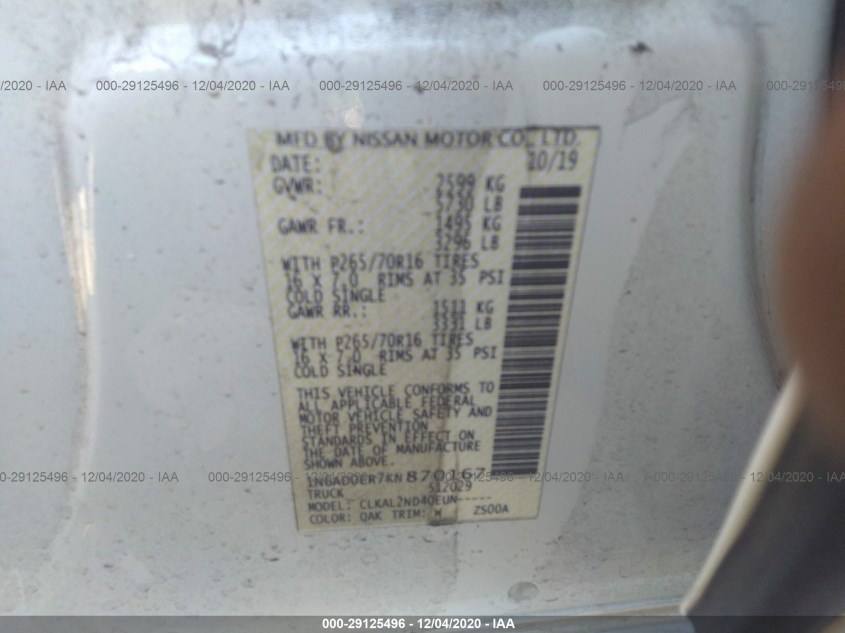 NISSAN FRONTIER 1N6AD0ER7KN870167