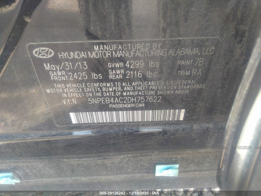 HYUNDAI SONATA 5NPEB4AC2DH757622