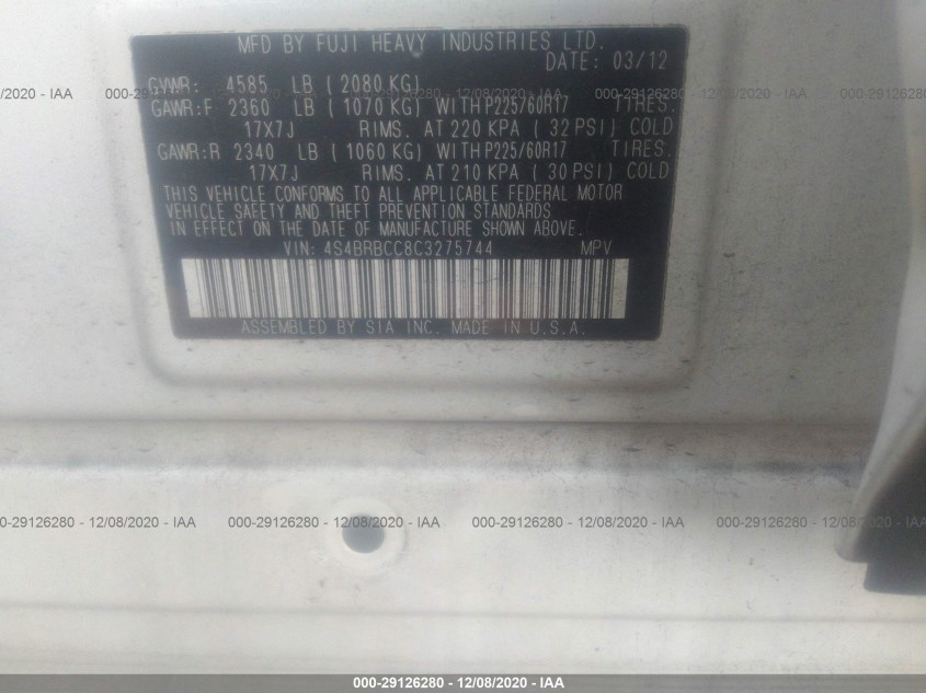 SUBARU OUTBACK 4S4BRBCC8C3275744