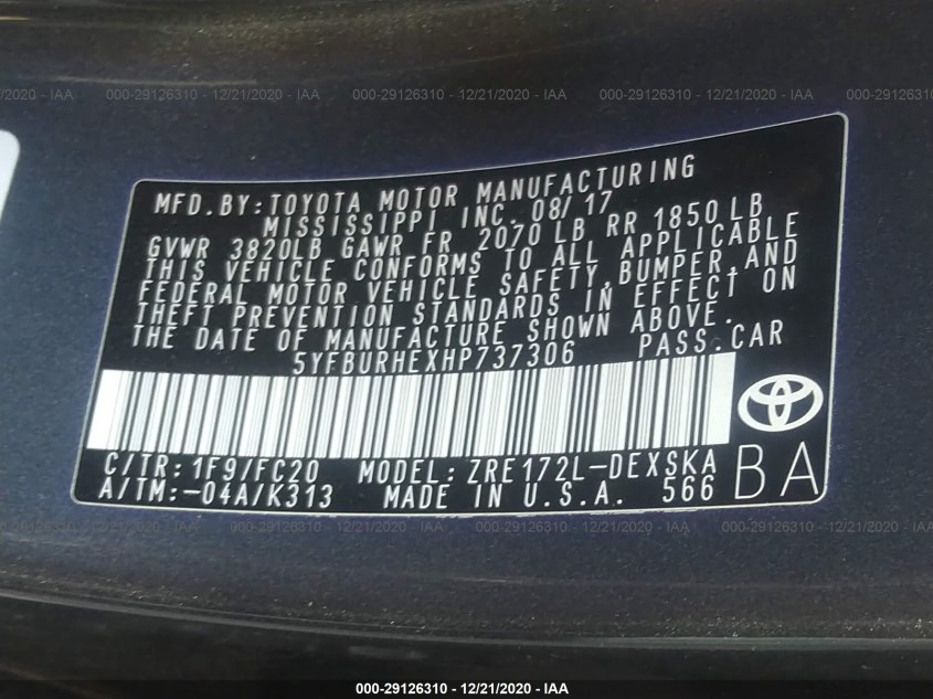 TOYOTA COROLLA 5YFBURHEXHP737306